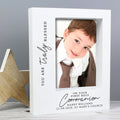 Personalized photo frame with a young boy's picture and engraved text on a gray background.