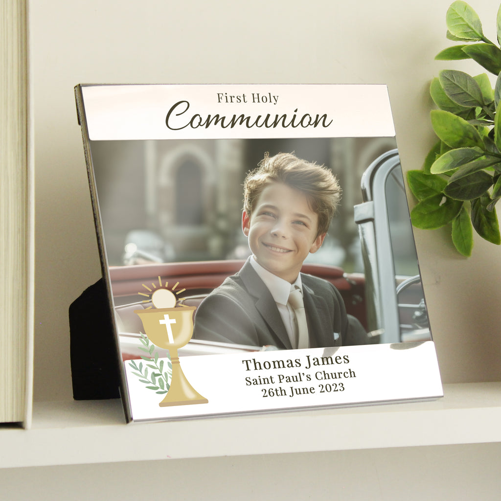 Personalized photo plaque for First Holy Communion with a boy's photo and text details.