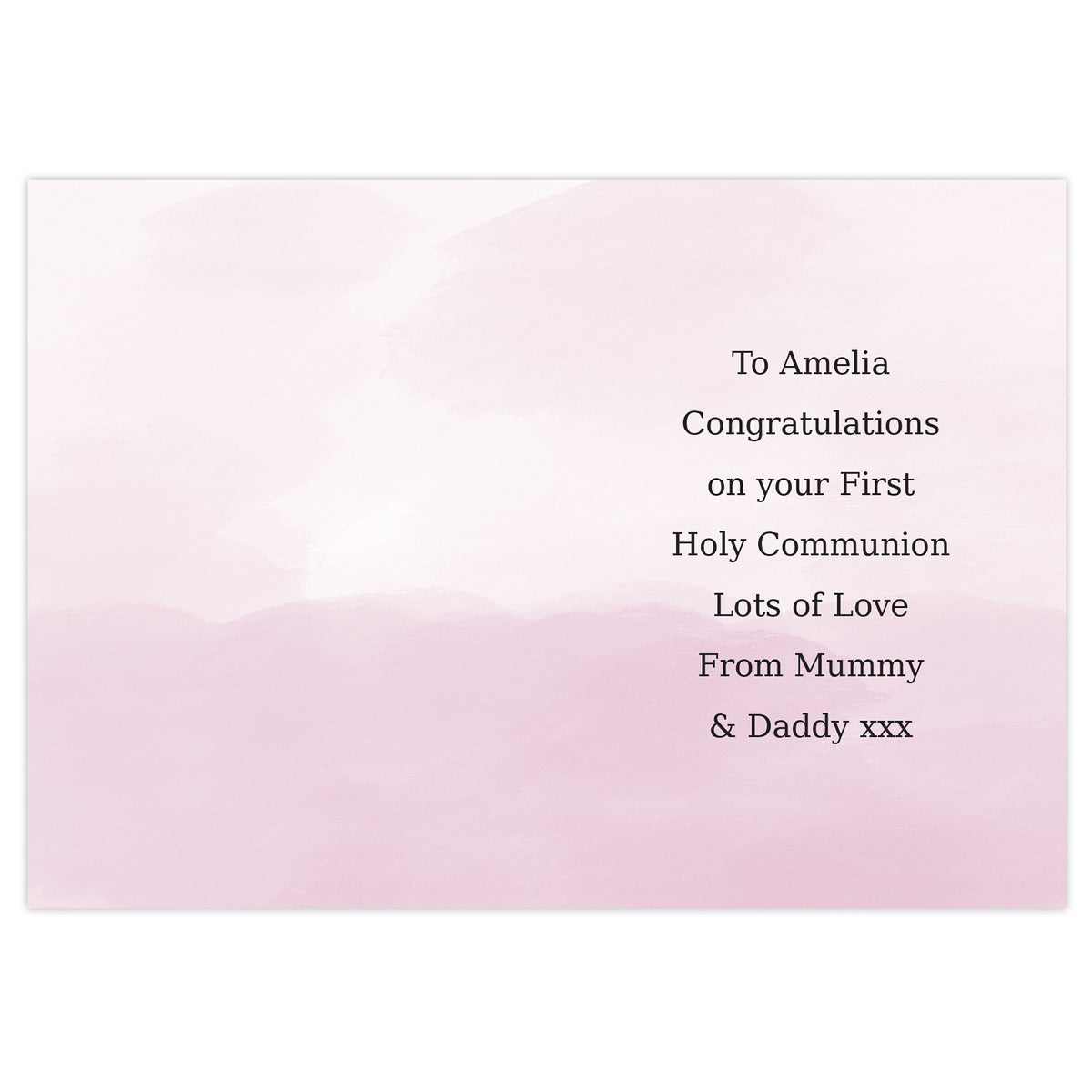 Pink card with black text congratulating Amelia on her First Holy Communion.
