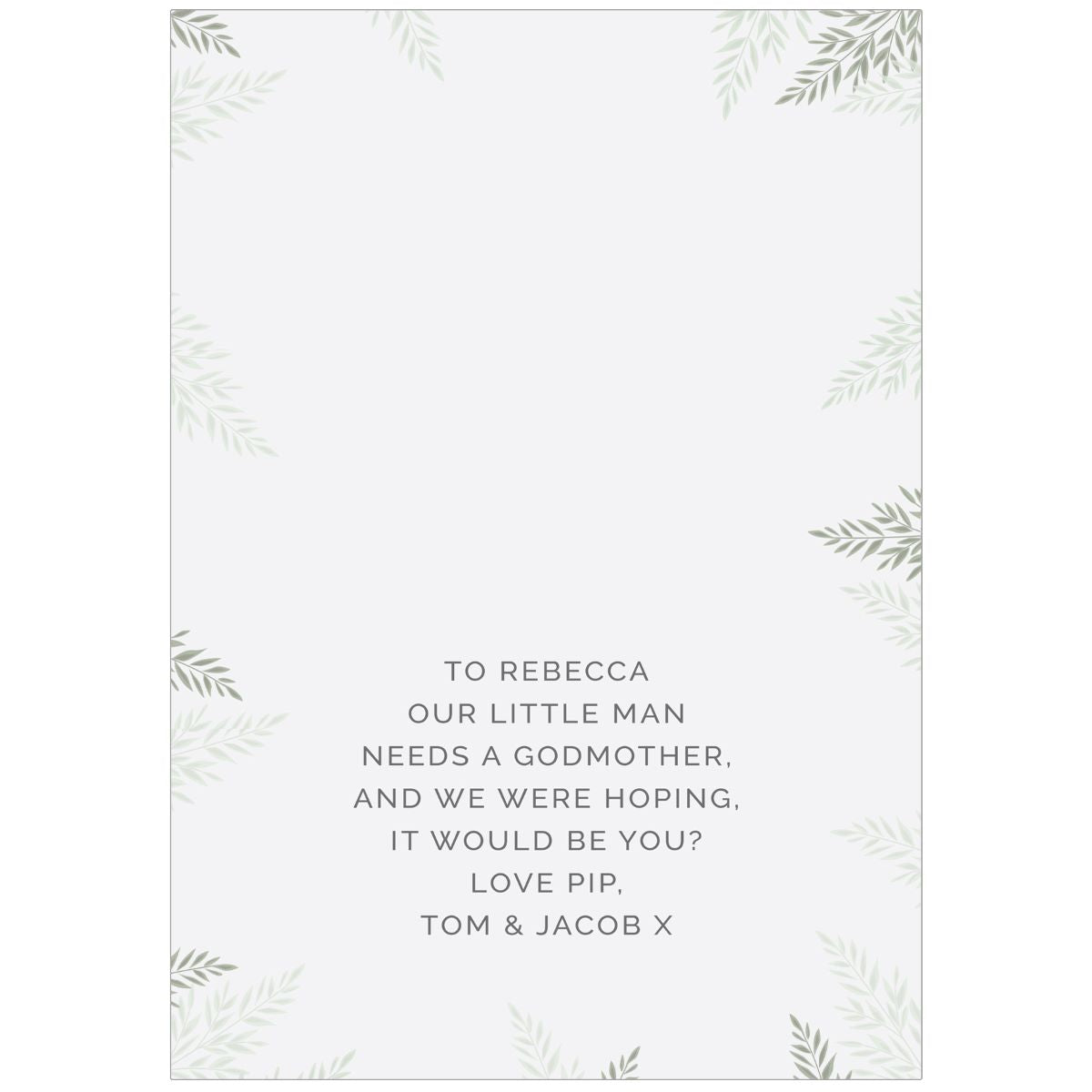 A personalized baby godmother announcement card with a white background, delicate green leaf illustrations in the corners, and a centered gray text message.