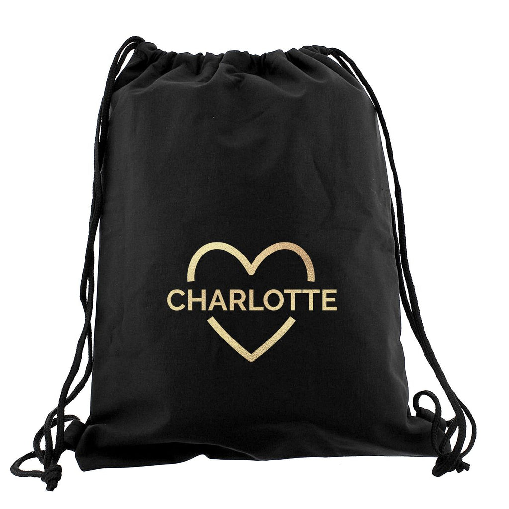 Black drawstring bag with 'Charlotte' in a heart shape on a white background