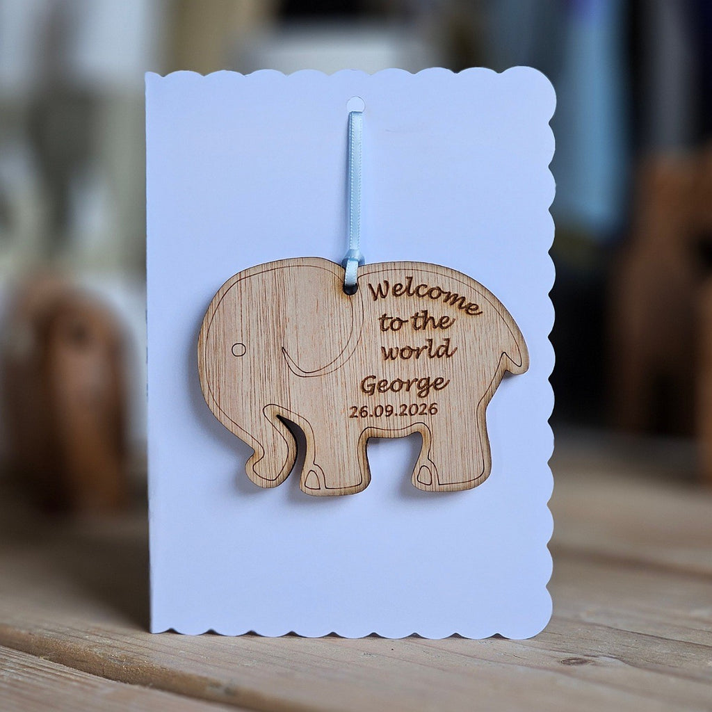 Personalised New Baby Hanging Elephant Decoration Card
