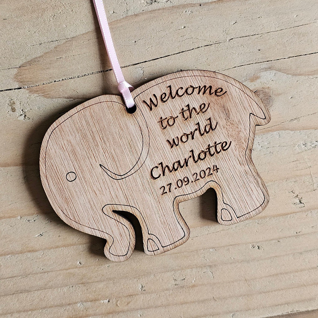 Personalised New Baby Hanging Elephant Decoration Card