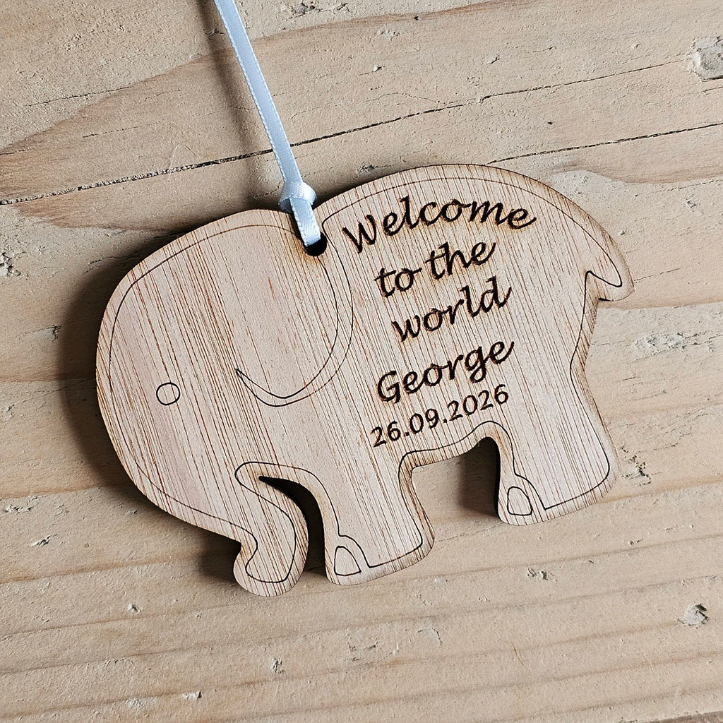 Personalised New Baby Hanging Elephant Decoration Card