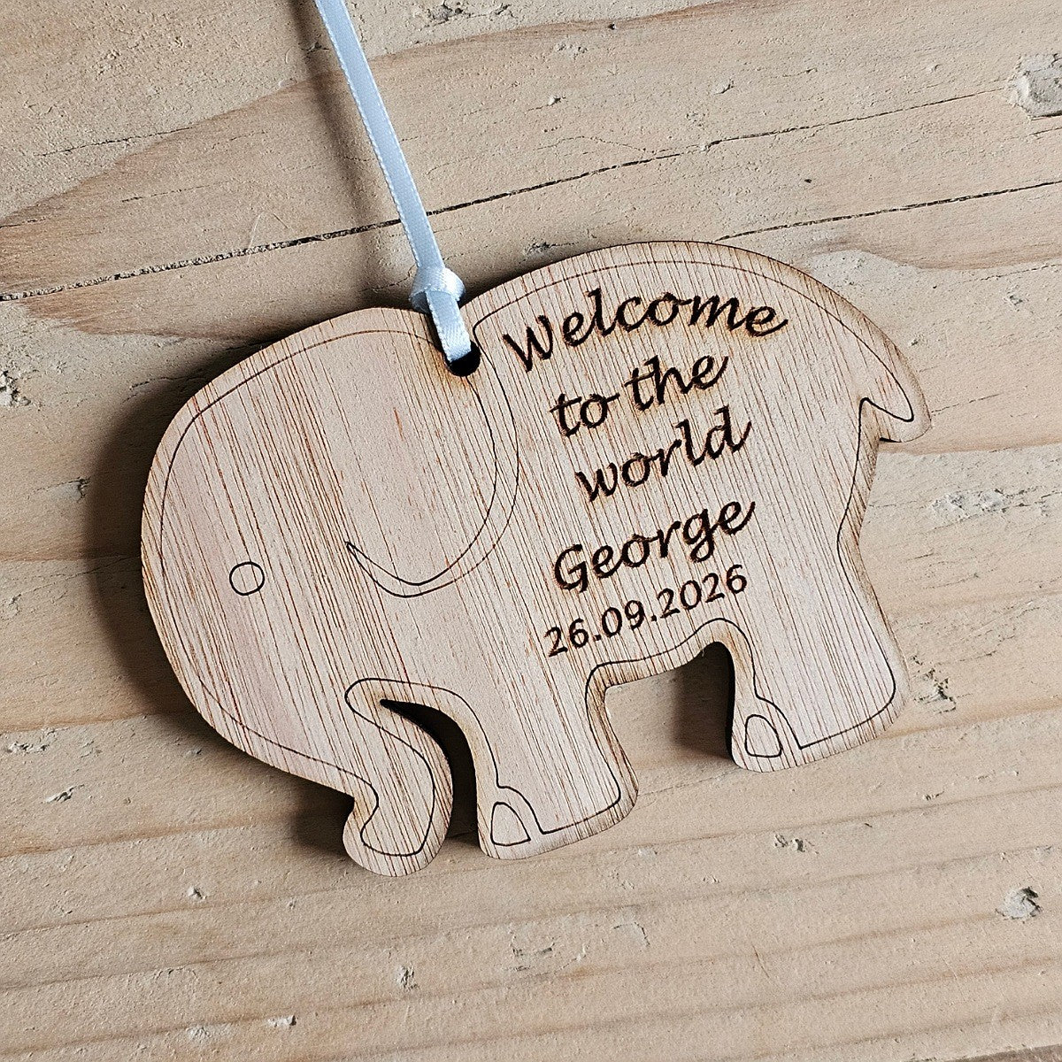 Personalised New Baby Hanging Elephant Decoration Card