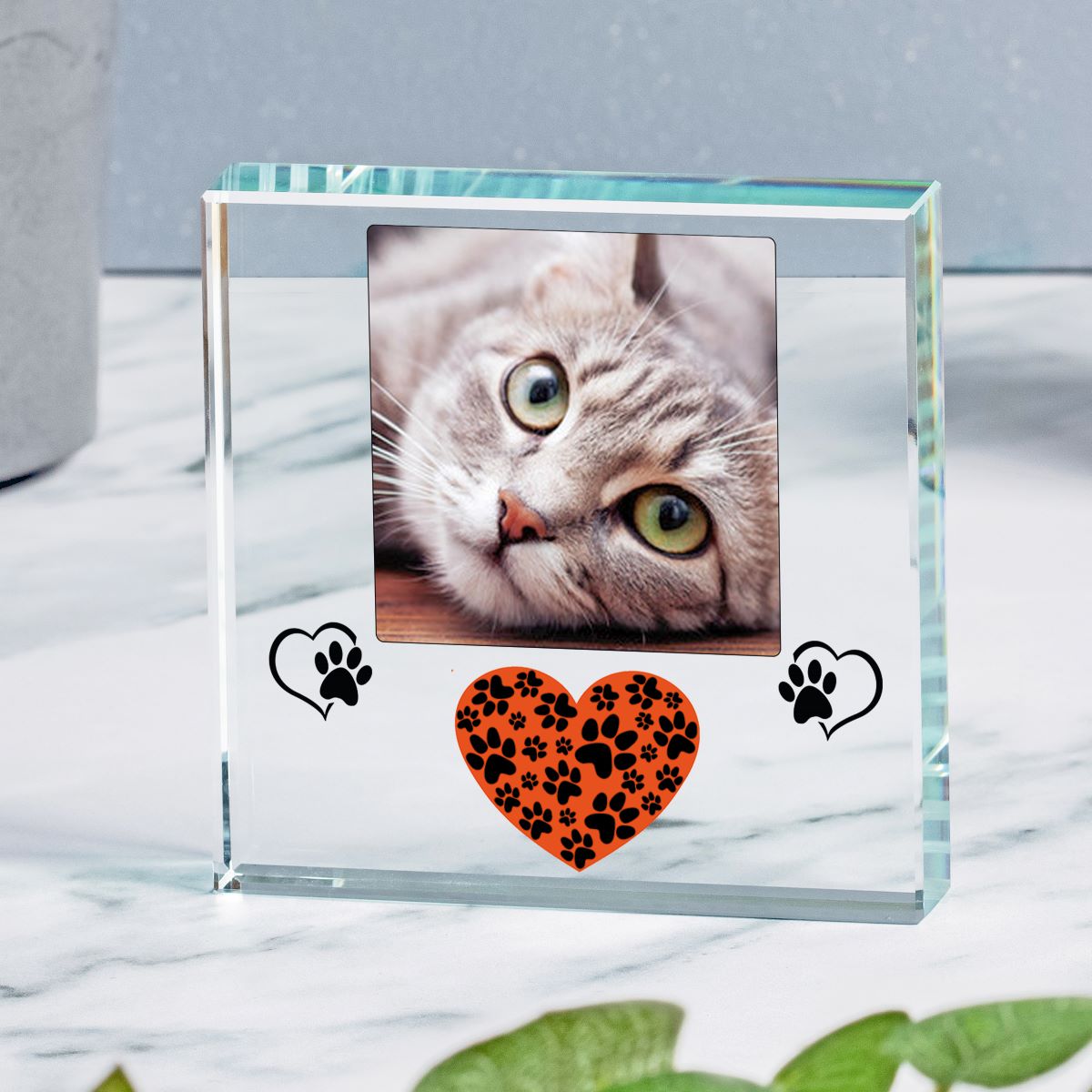A clear glass square photo frame with a custom pet portrait of a grey cat, decorated with a black paw print and a small orange heart with black paw prints on the front, set on a marble surface.