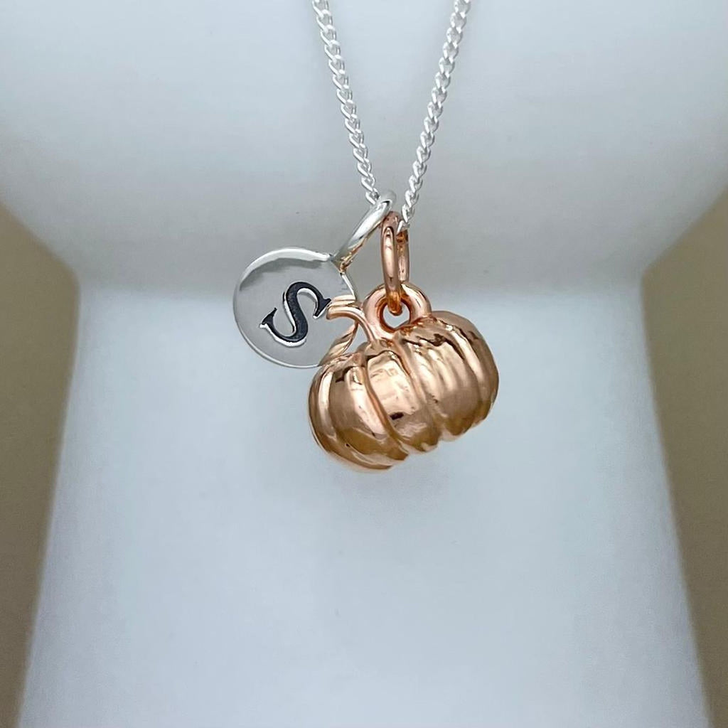 A silver chain necklace with a double charm pendant, featuring a polished rose gold pumpkin charm and a silver disc charm engraved with the letter 'S', displayed on a white jewelry bust.