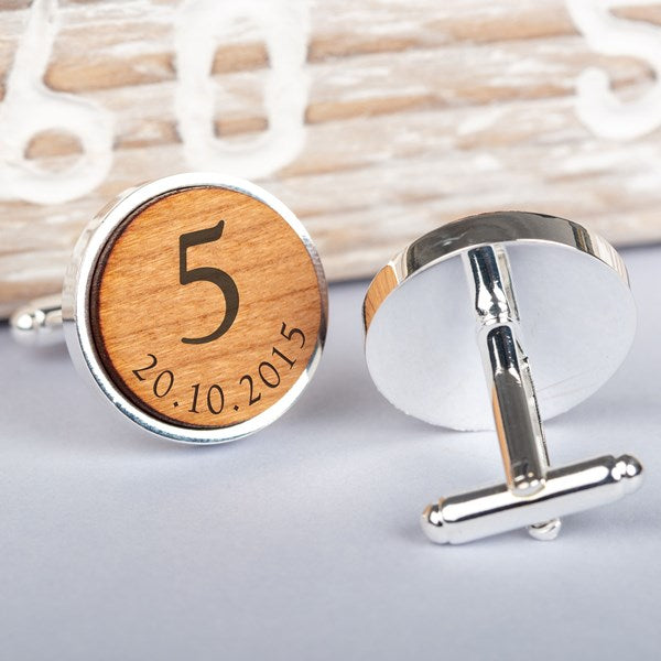 Personalised Silver And Wood 5th Anniversary Cufflinks
