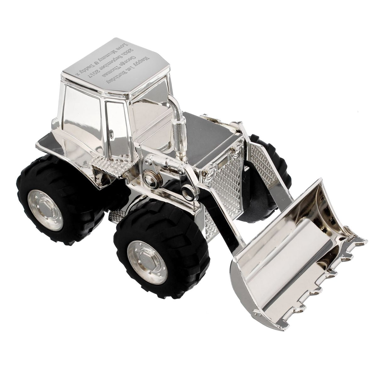 Metallic model of a bulldozer on a white background