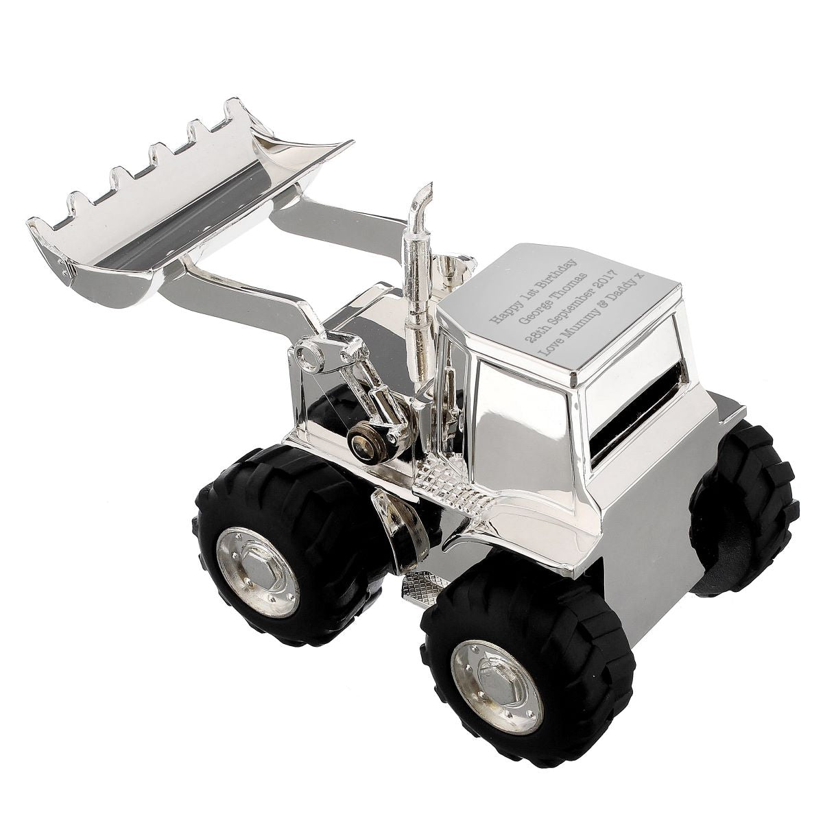 Metallic bulldozer moneybox on a white background