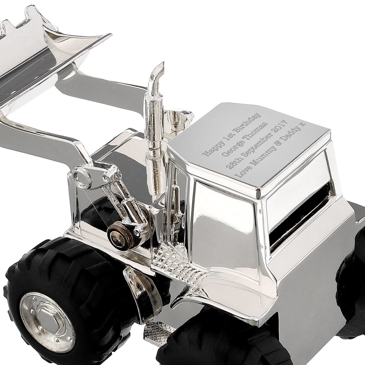 Silver digger model with engraved text on a white background