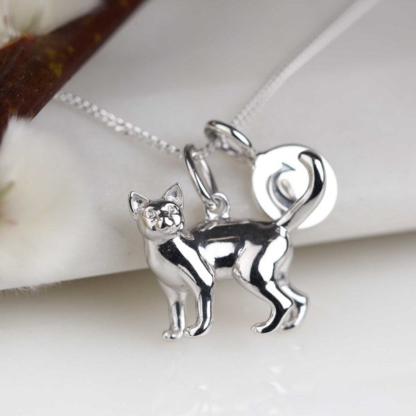 A silver cat pendant necklace with a matching round silver charm on a delicate silver chain, displayed on a soft white fabric background.