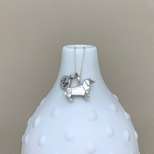 Personalised Solid Silver Origami Dachshund Necklace