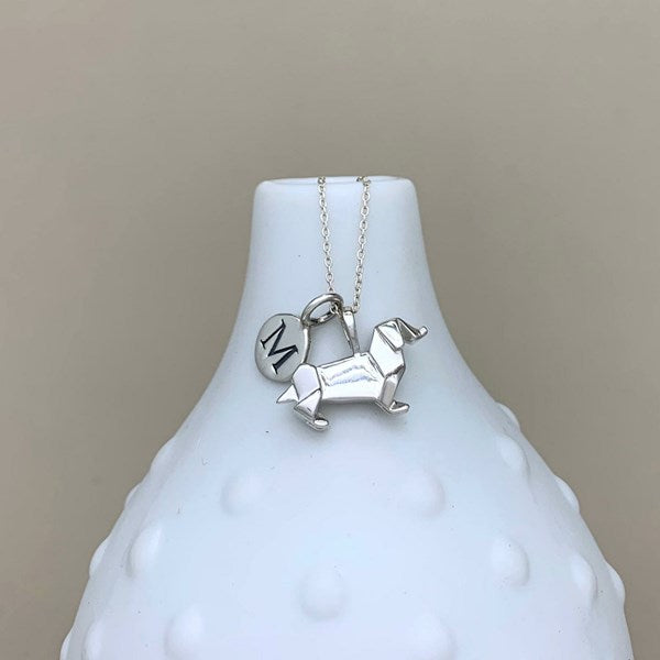 Personalised Solid Silver Origami Dachshund Necklace