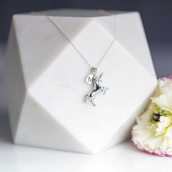 Silver necklace with a unicorn pendant on a geometric white box with flowers in the background