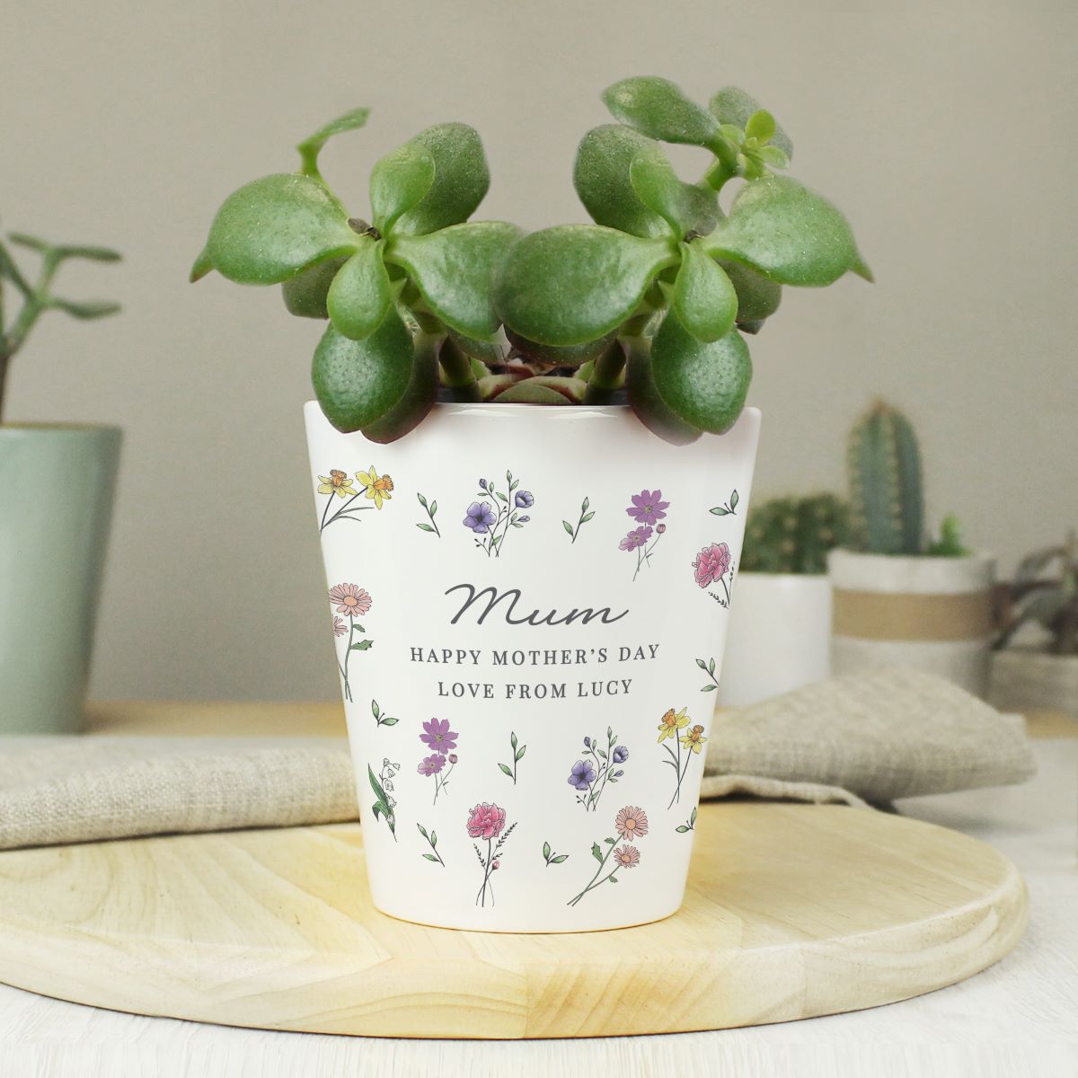 Potted plant with a 'Mum Happy Mother's Day Love from Lucy' message on a wooden surface.