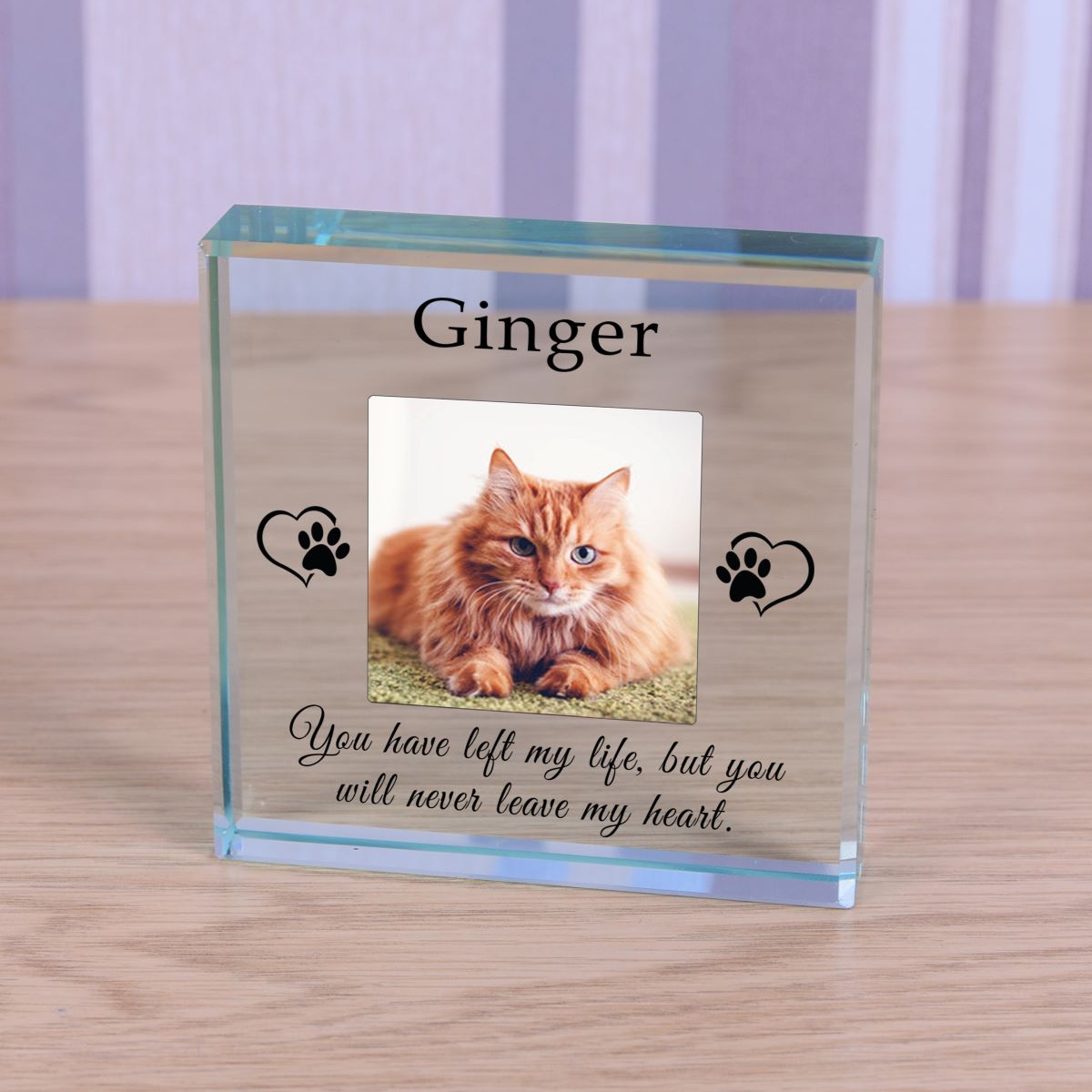A personalised clear glass pet memorial plaque standing on a light wood surface. The plaque features a photo of a cat, the name 'Ginger' at the top, black paw print heart graphics, and the engraved quote: 'You have left my life, but you will never leave my heart.