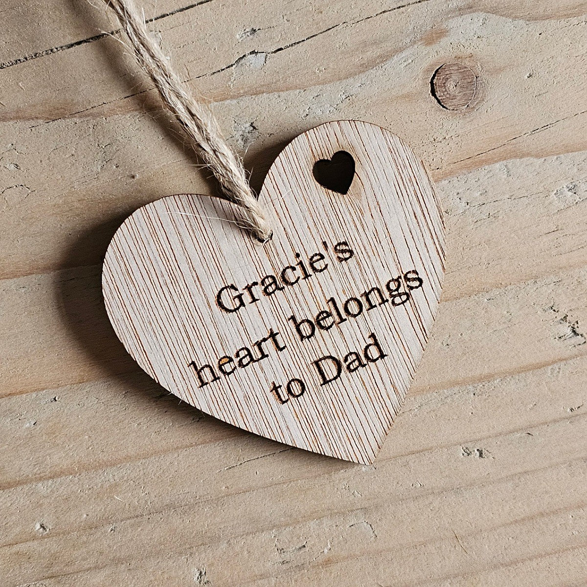 Personalised 'Heart Belongs To Dad' Hanging Heart Card