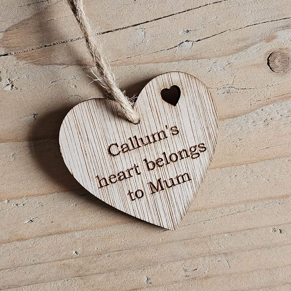 Personalised 'Heart Belongs To Mum' Hanging Heart Card