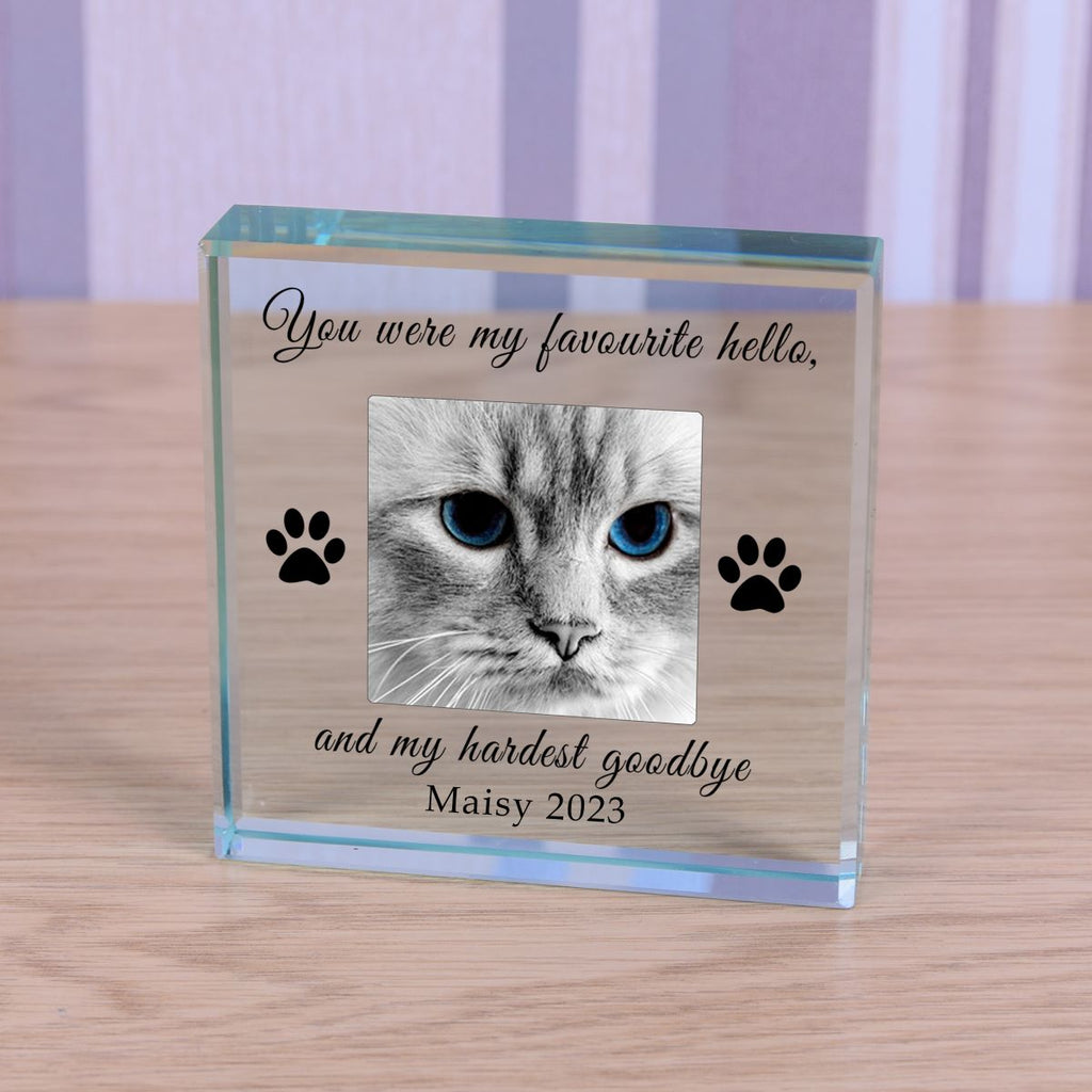 A personalised clear glass block plaque display on a light wood surface, featuring a photo of a grey cat with blue eyes, black paw prints, and engraved text reading 'You were my favourite hello. and my hardest goodbye Maisy 2023'.