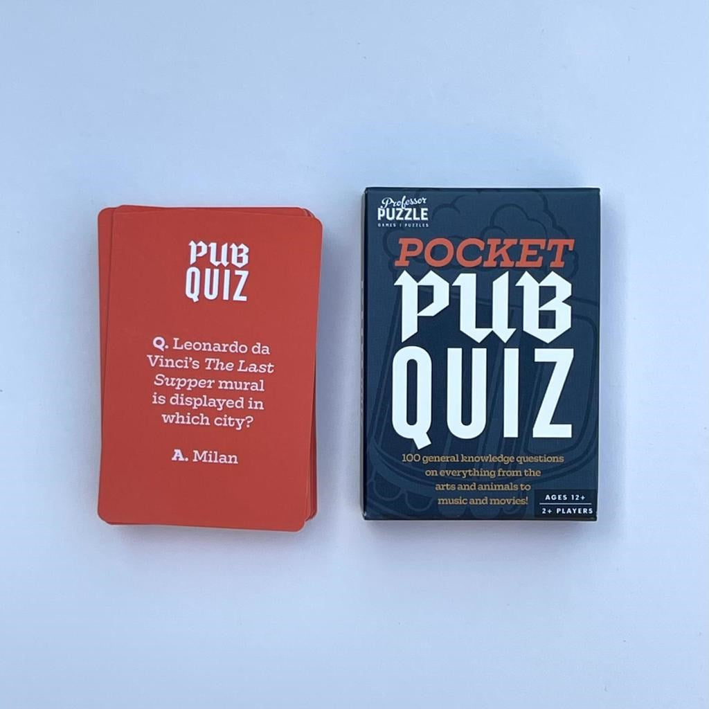A red deck of 'Pub Quiz' cards next to its dark blue packaging box on a light blue background.