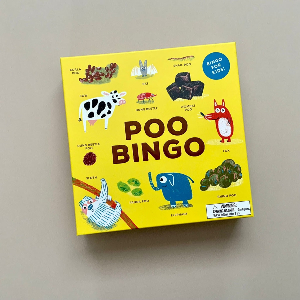 Poo Bingo game box with colorful illustrations on a beige background