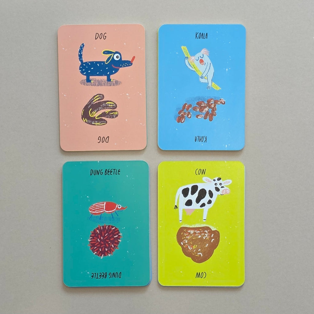 Four colorful cards with animal illustrations and text on a grey background