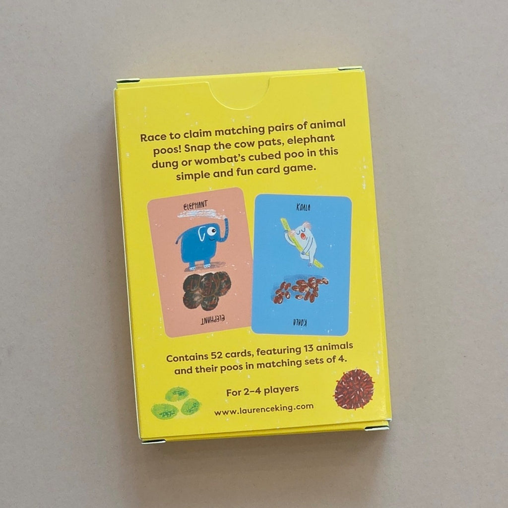 Back of yellow card game box with animal-themed cards on a grey background