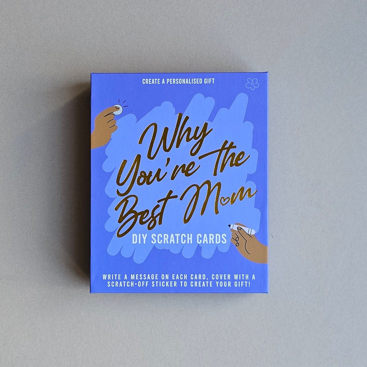 Blue packaging of DIY scratch cards titled 'Why You're the Best Mom' on a gray background