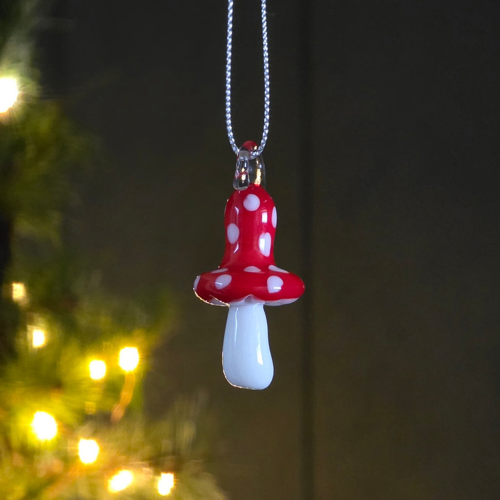 Red & White Glass Mushroom Hanging Decoration