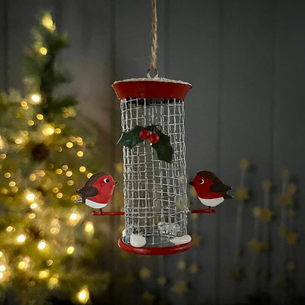 Robins On Bird Feeder Hanging Christmas Decoration