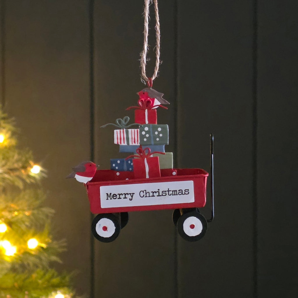 Robins and Gifts in a Cart Hanging Christmas Decoration