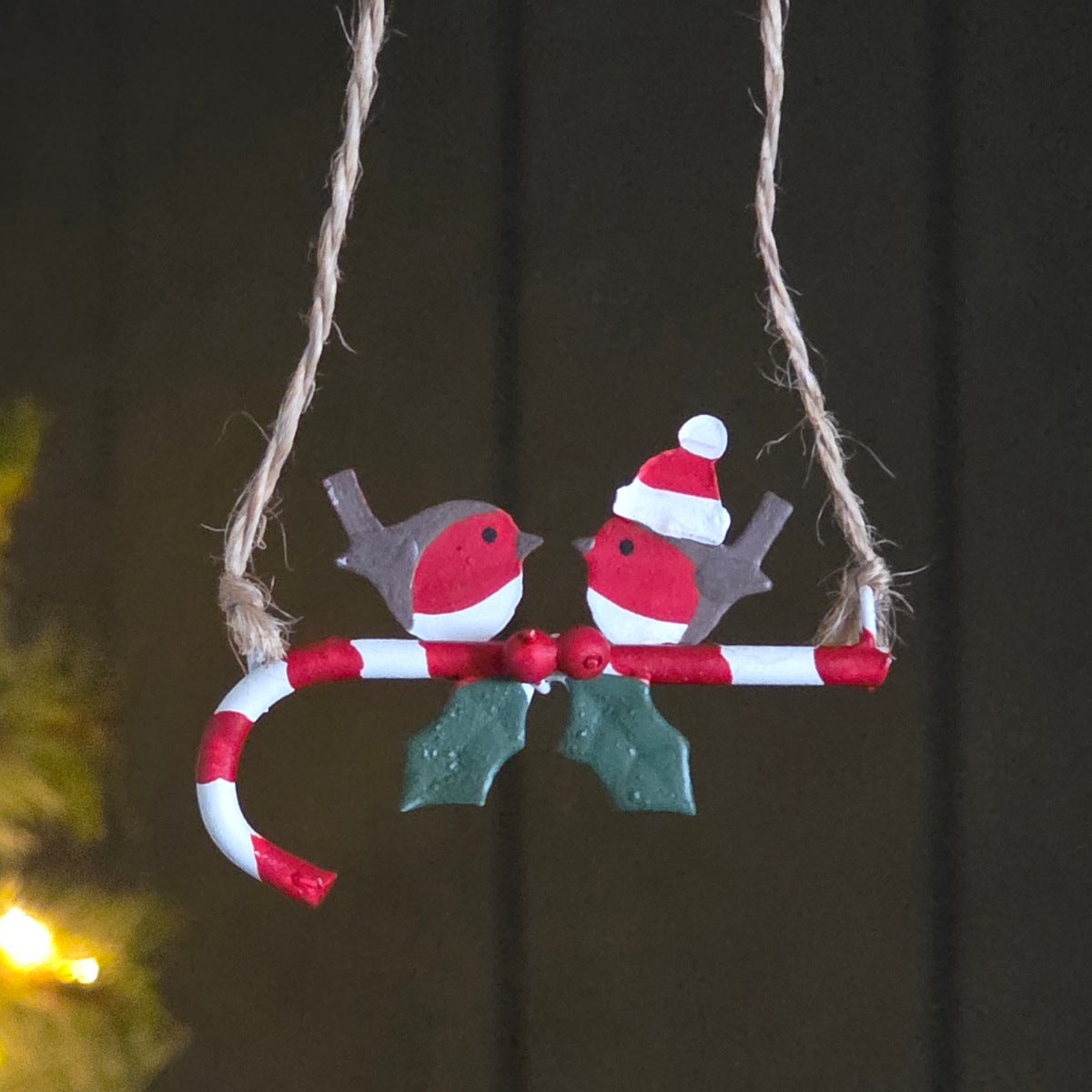 Robins on a Candy Cane Hanging Christmas Decoration