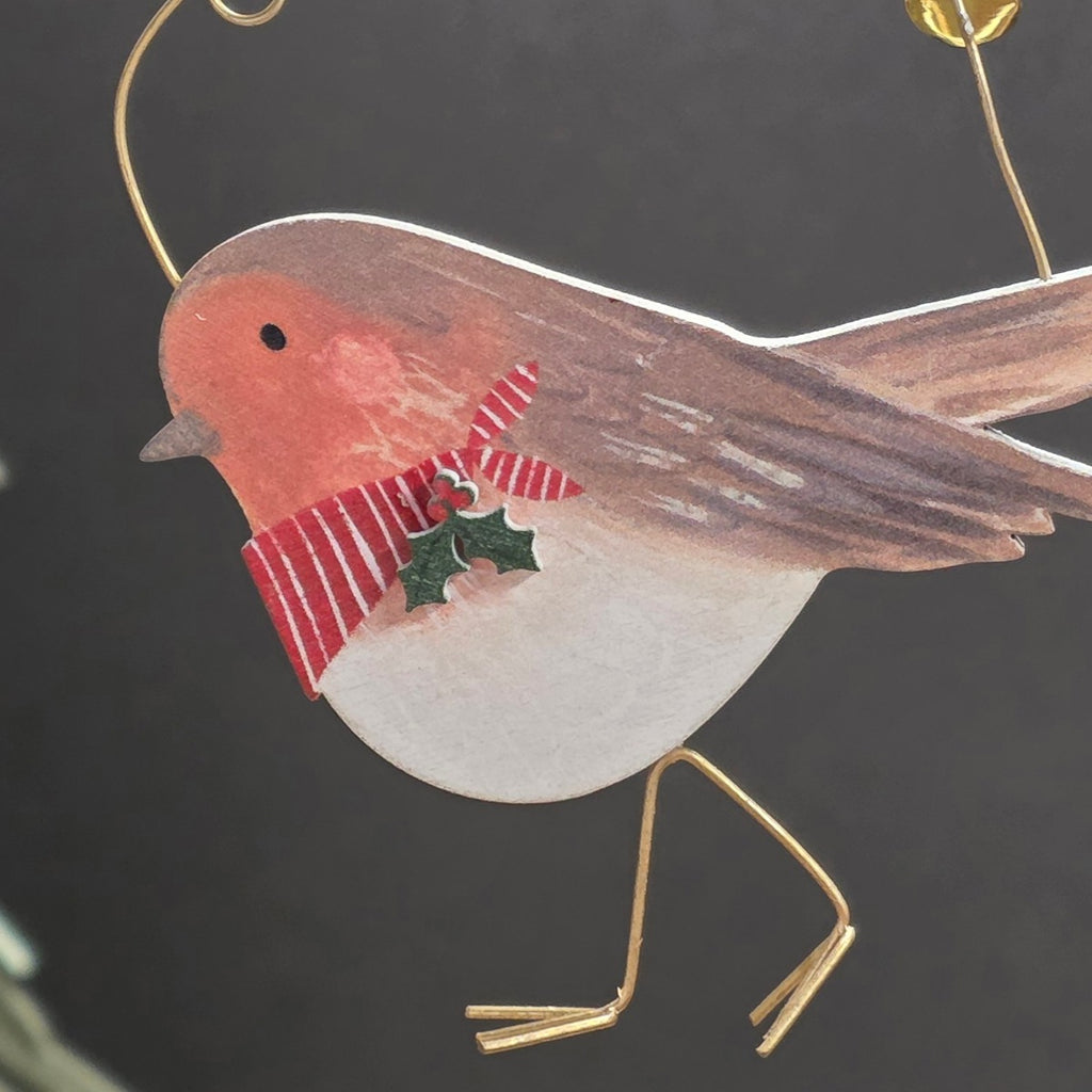 Robin with Scarf Wooden Hanging Decoration