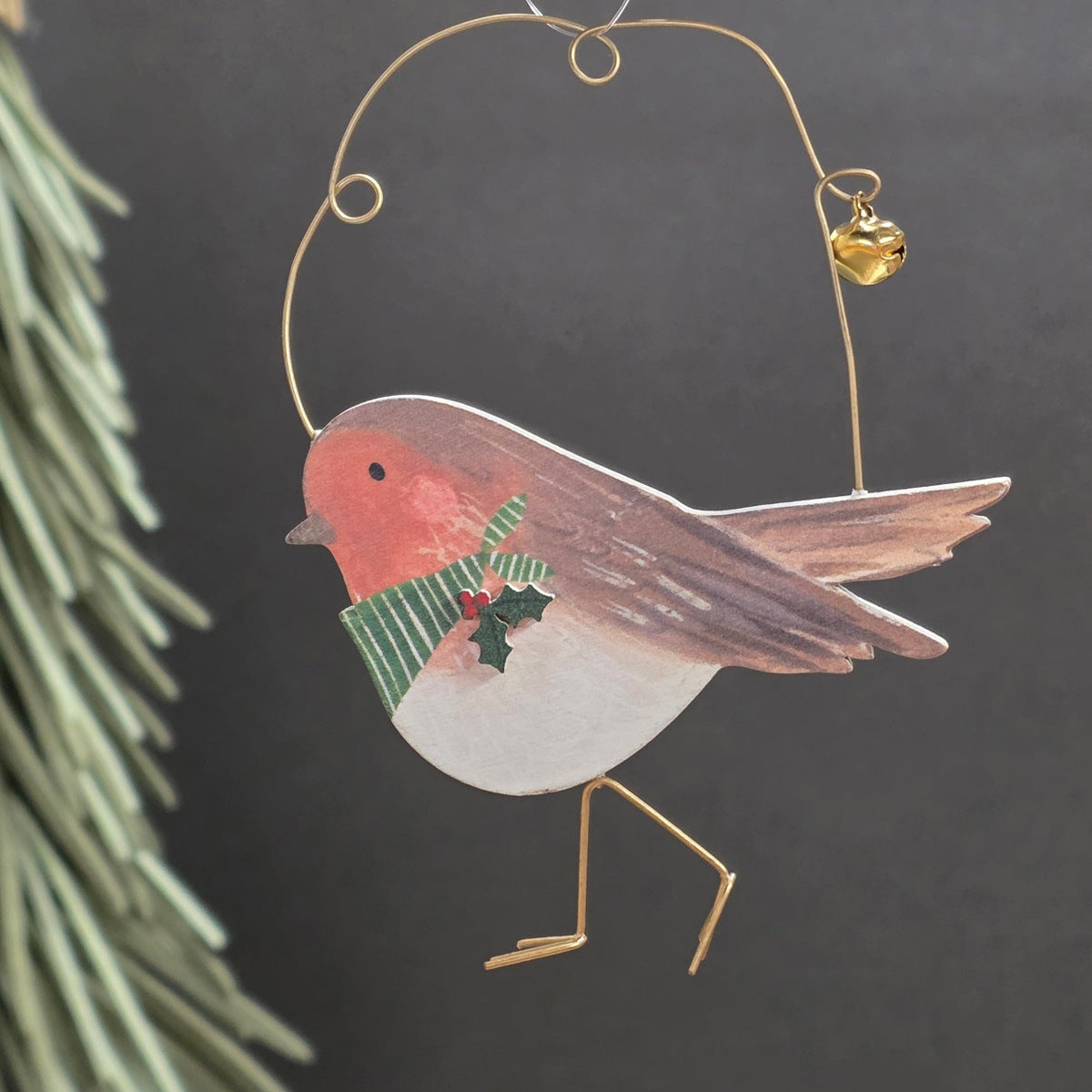 Robin with Scarf Wooden Hanging Decoration