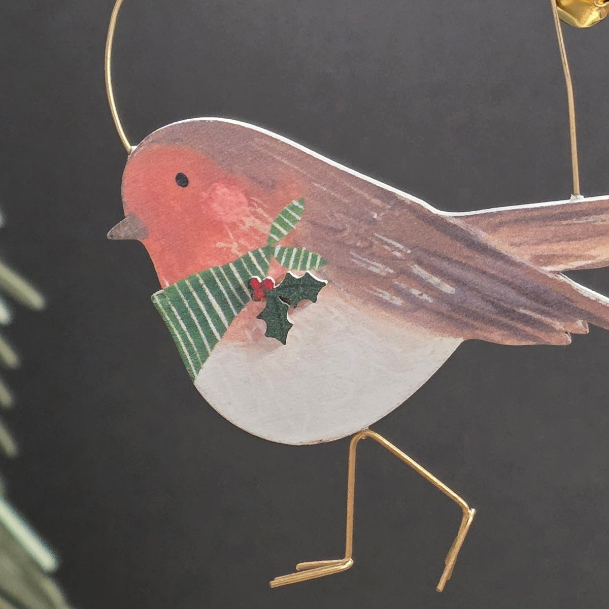 Robin with Scarf Wooden Hanging Decoration
