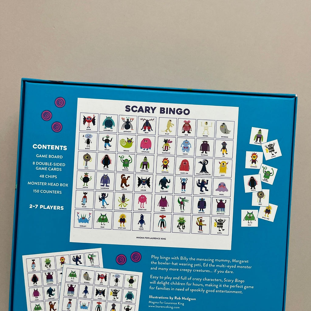 Back of the Scary Bingo game box with illustrations of monsters on a beige background