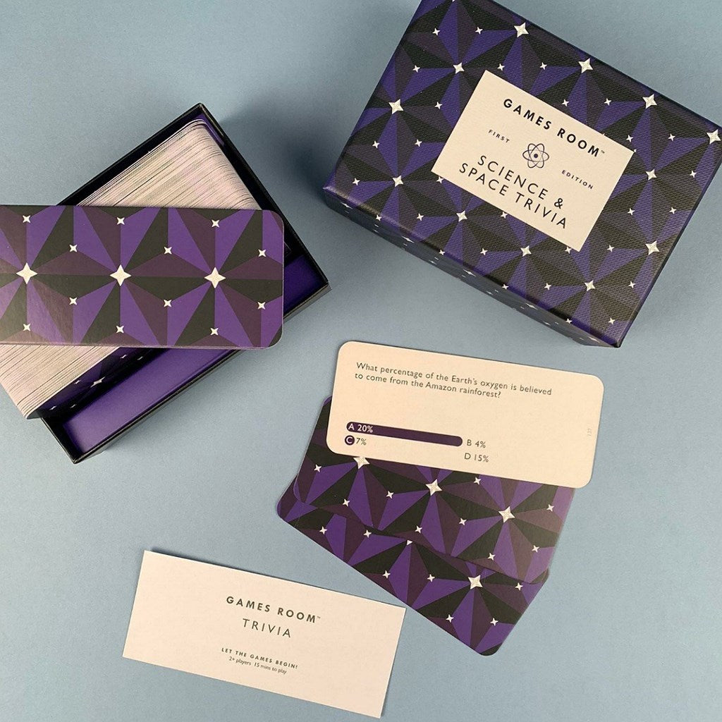 Games Room 'Science & Space Trivia' packaging with geometric and star design on a grey background