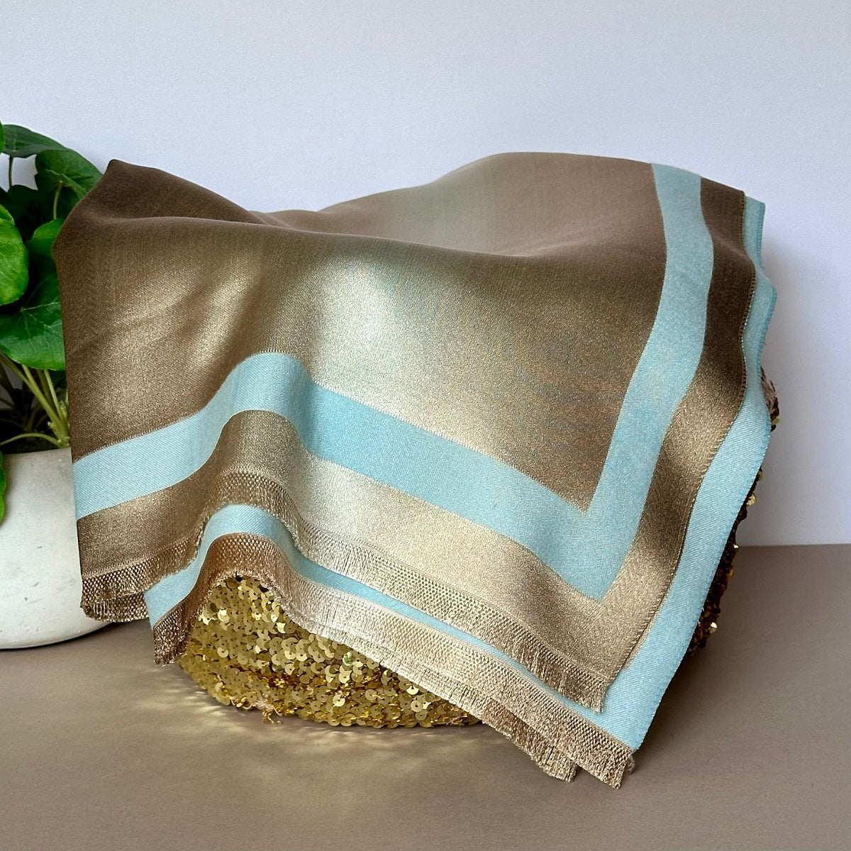 Silky Blue and Gold Border Reversible Scarf