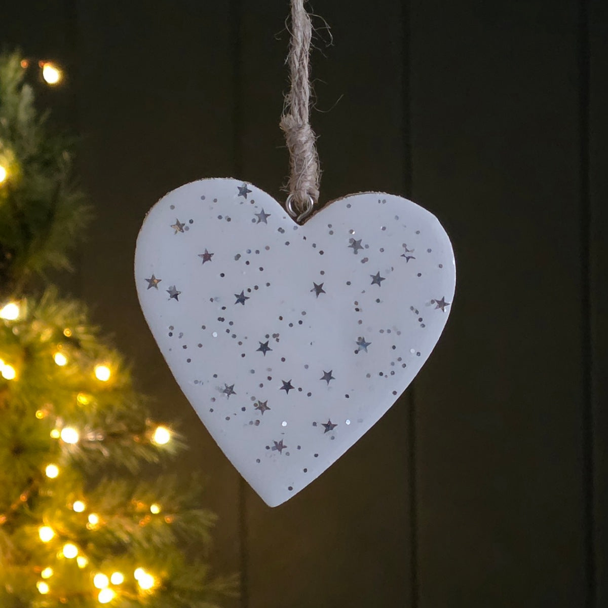 Silver Stars Wooden Heart Hanging Christmas Decoration