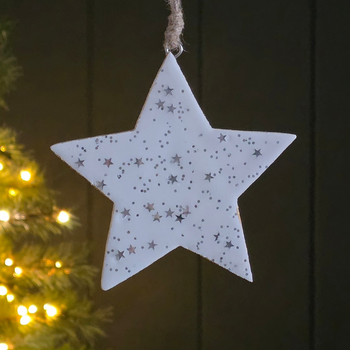 Silver Stars Wooden Star Hanging Christmas Decoration