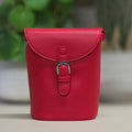Red leather bag with a buckle on a blurred background