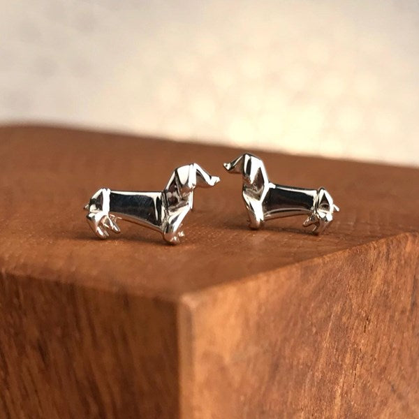 Solid Silver Origami Dachshund Earrings