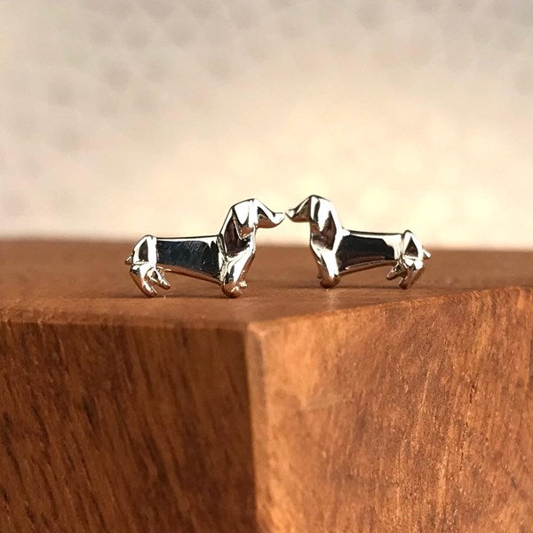 Solid Silver Origami Dachshund Earrings