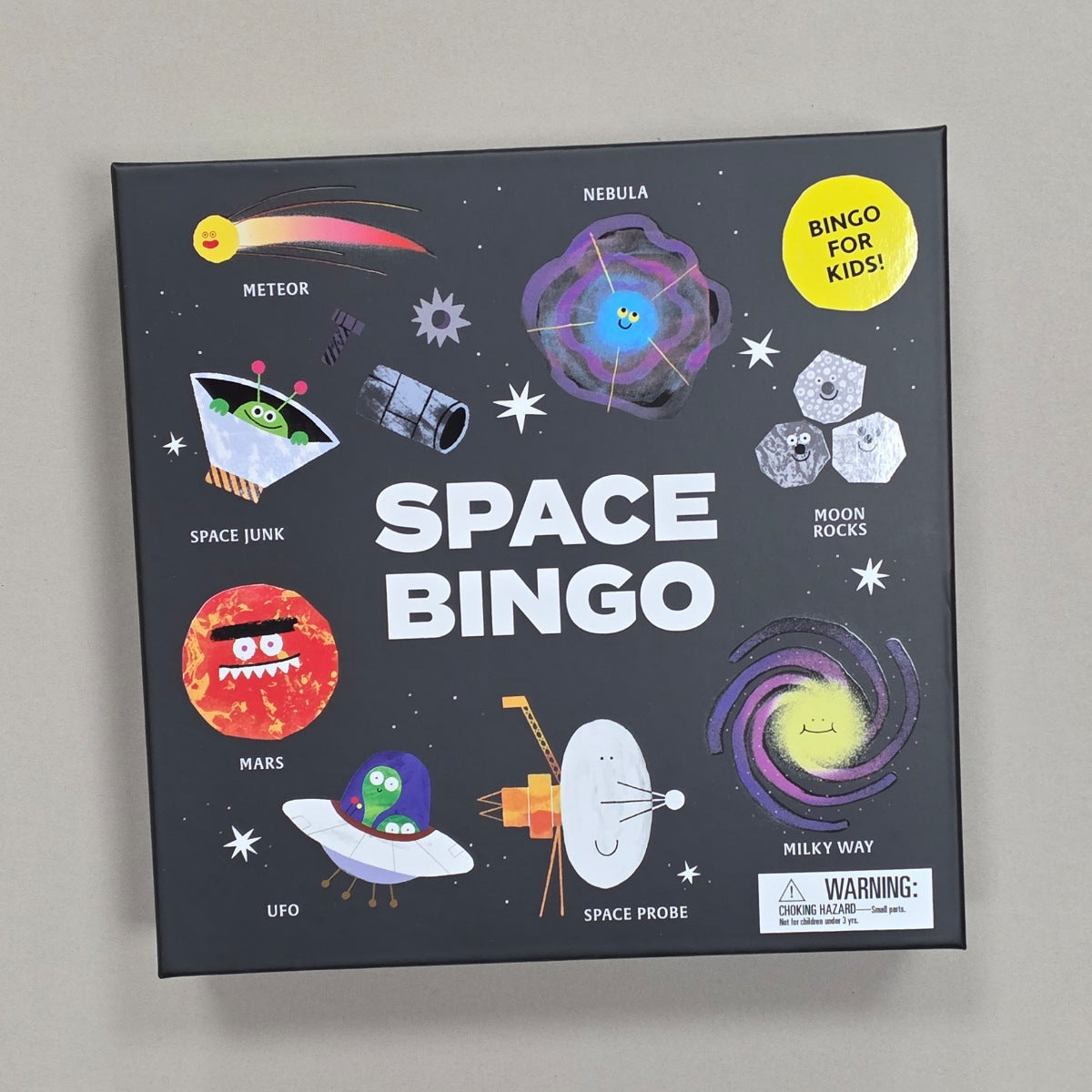 Space Bingo game box with space-themed illustrations on a grey background