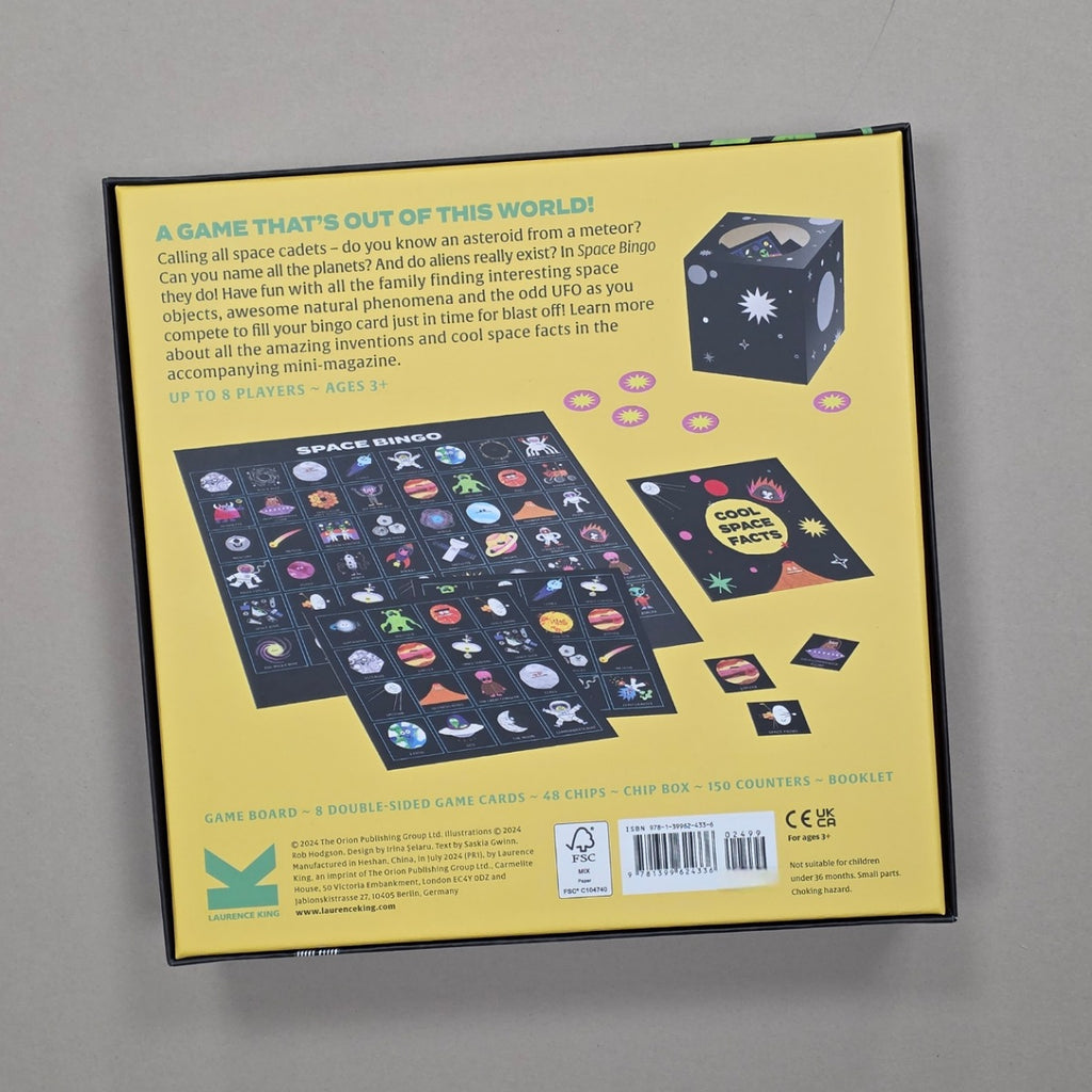 Space-themed board game packaging with text and graphics on a grey background