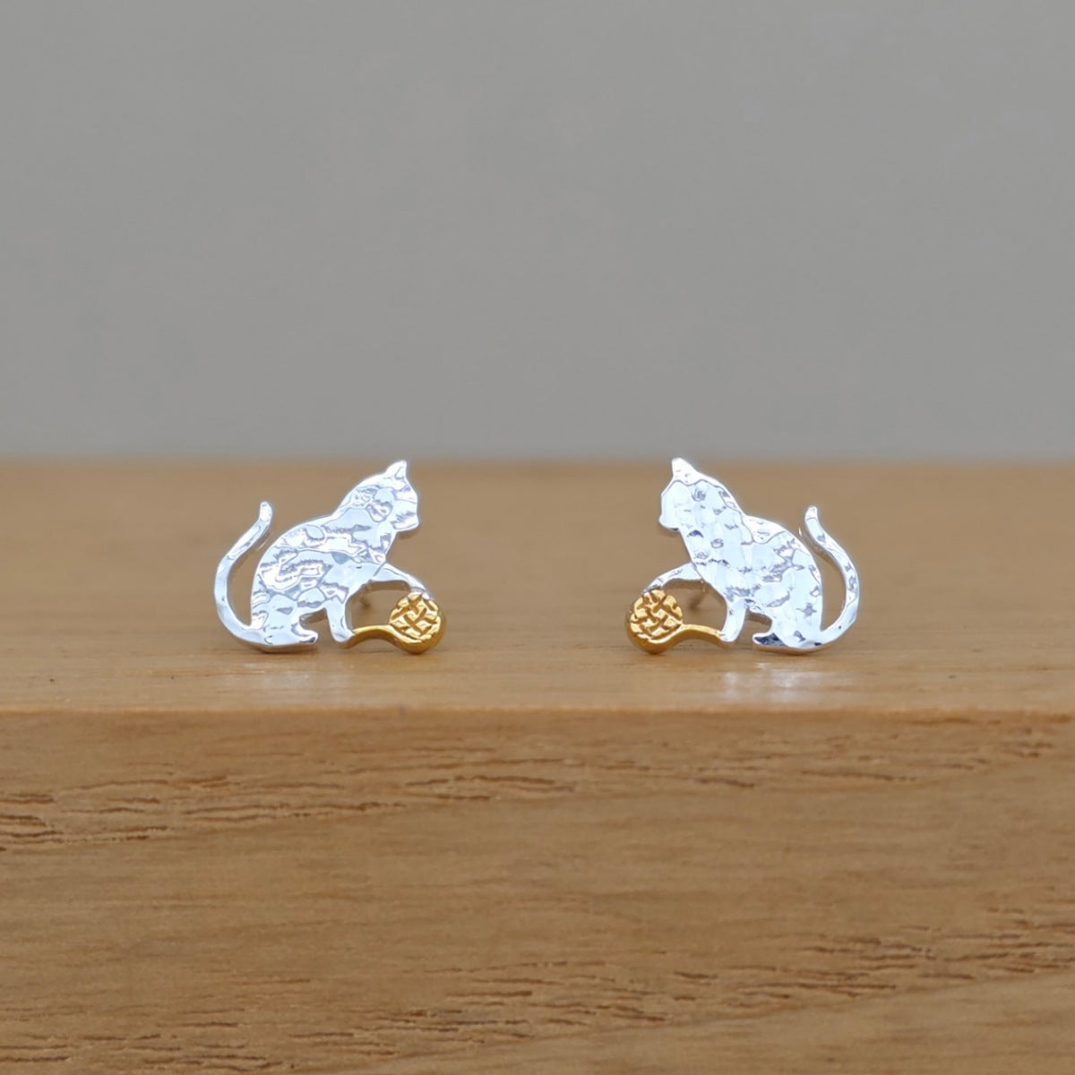 Sterling Silver Cats With Wool Stud Earrings