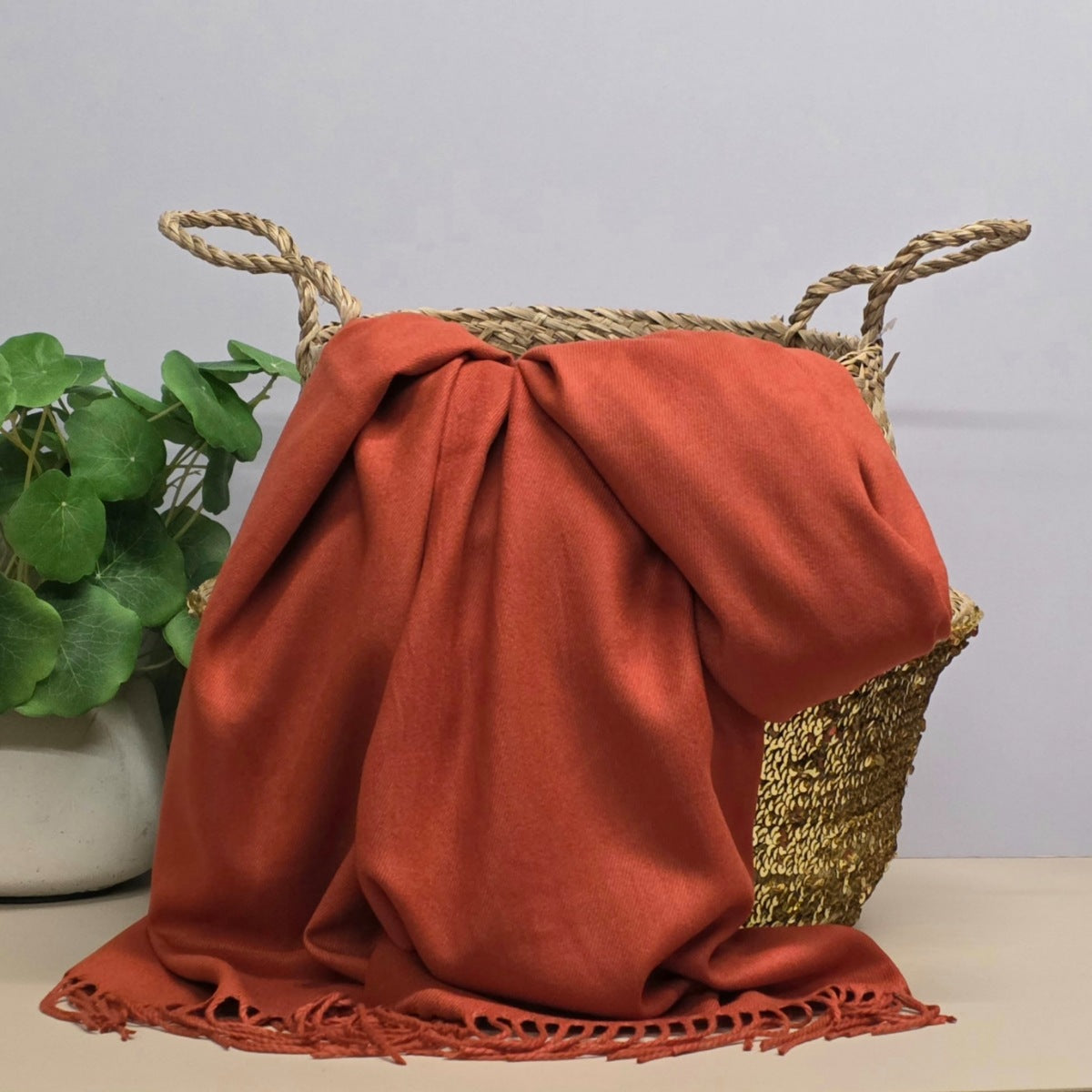 A rust-orange woven throw blanket with fringed edges draped over a straw basket, with a potted green plant visible on the left against a light grey wall.