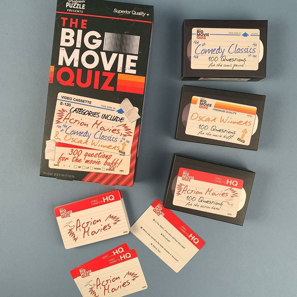 Collection of 'The Big Movie Quiz' video cassettes and cards on a blue background