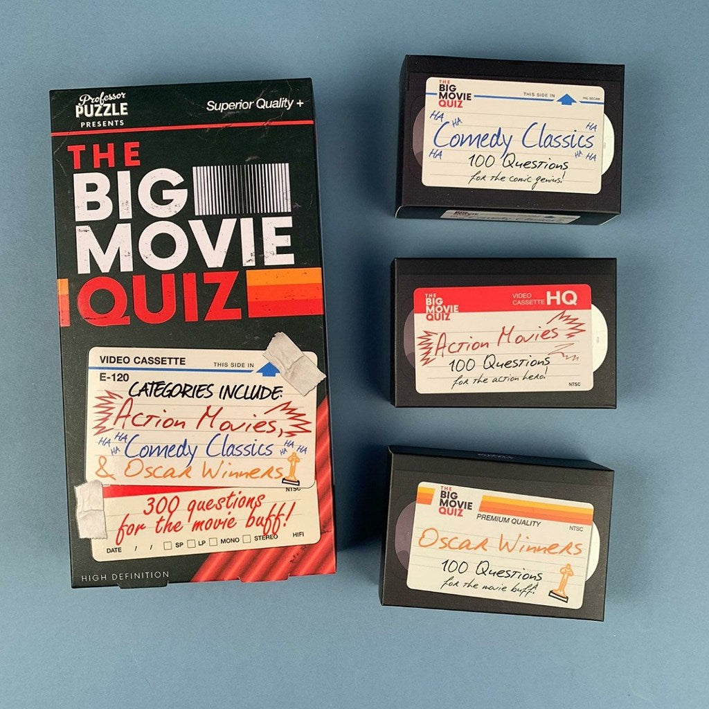 Collection of 'The Big Movie Quiz' video cassettes on a blue background